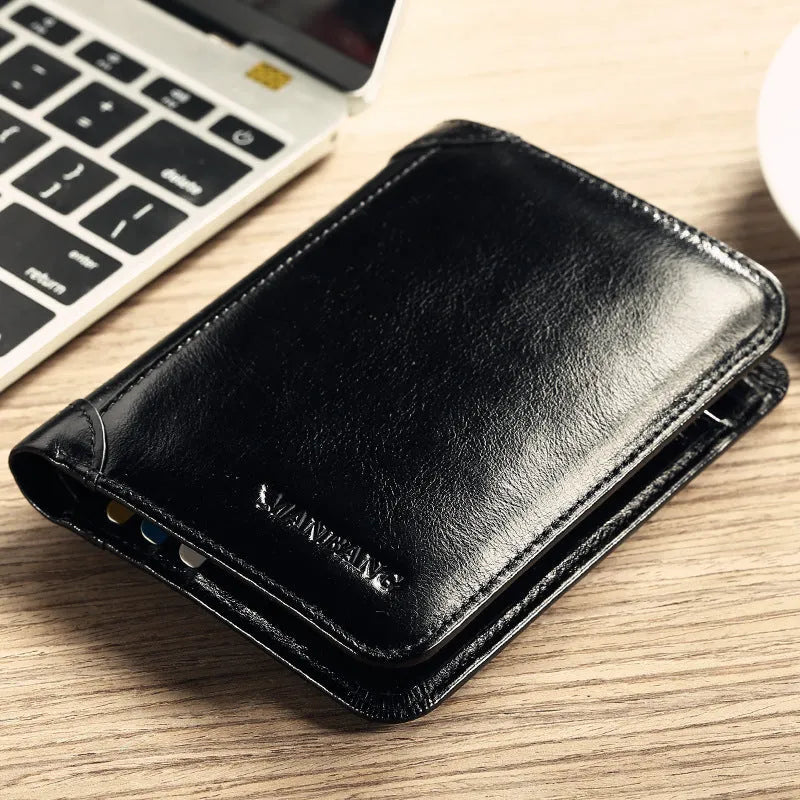 Men's black leather bifold wallet open to show card slots, coin pocket, and photo window.