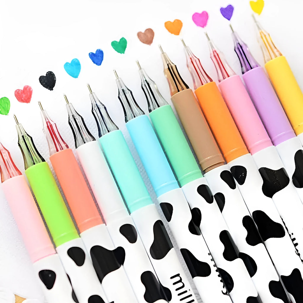 Set of 12 cow-colour gel pens with 0.38mm fine tips and plastic barrels.