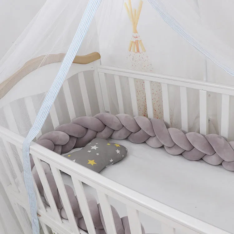 Bendable braid knot pillow cushion baby bumper in spandex velvet for cot safety protection.
