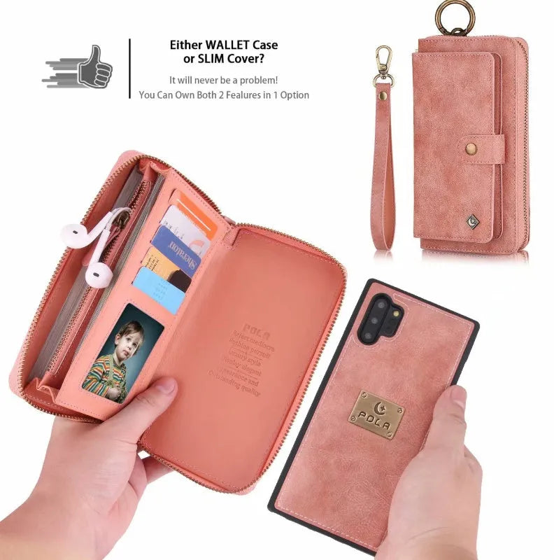 Black PU leather mobile phone case with a zip-around wallet compartment open, showing card slots.