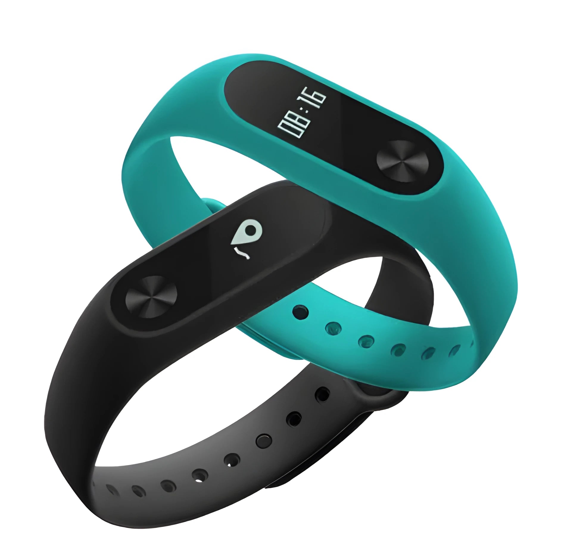Black Xiaomi Mi Band 2 fitness tracker on wrist showing OLED display with heart rate reading