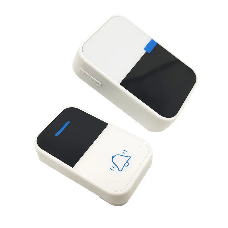 White modern wireless doorbell kit showing a rectangular receiver and a smaller square push button.