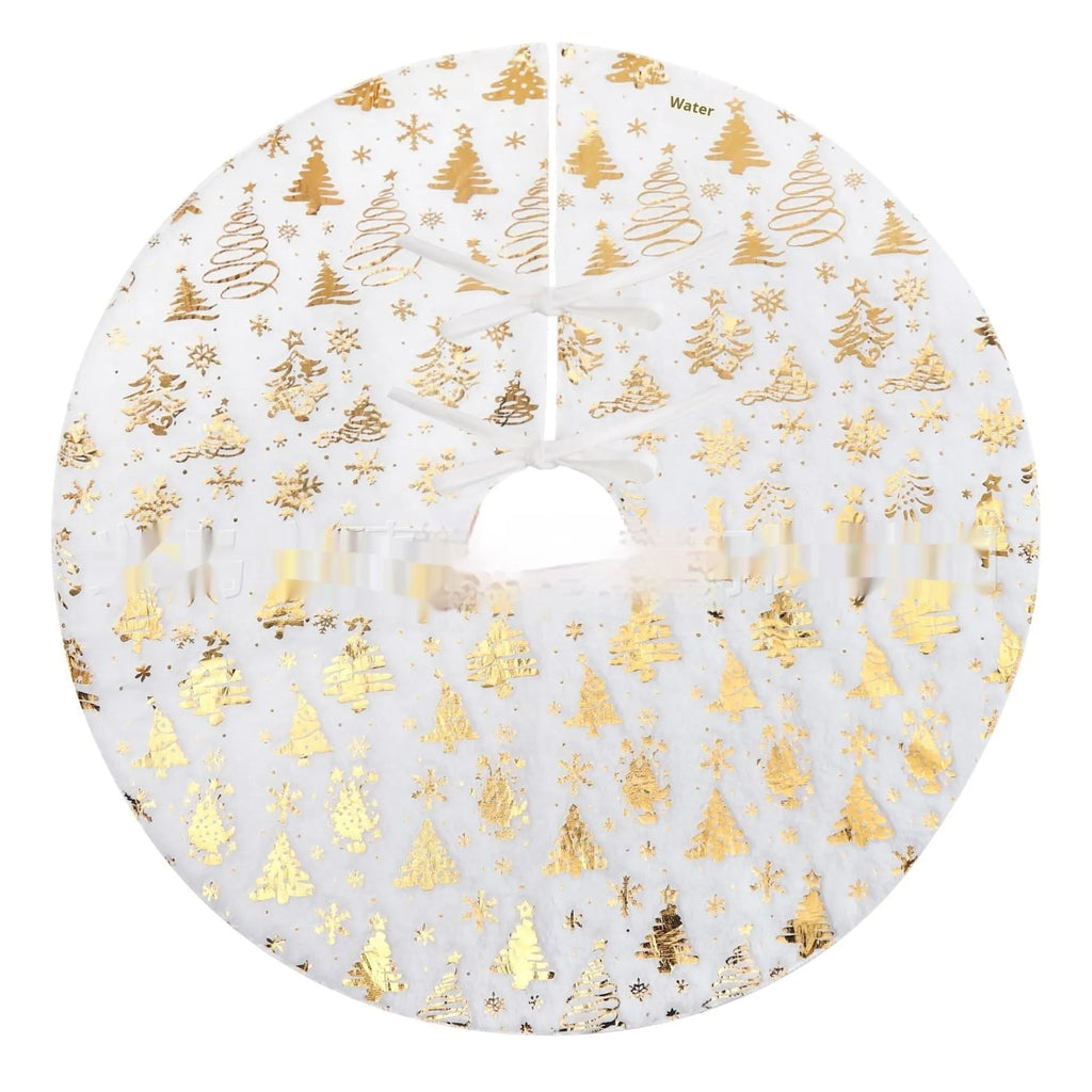 Plush Christmas tree floor mat with gilding snowflake design in one of four sizes.
