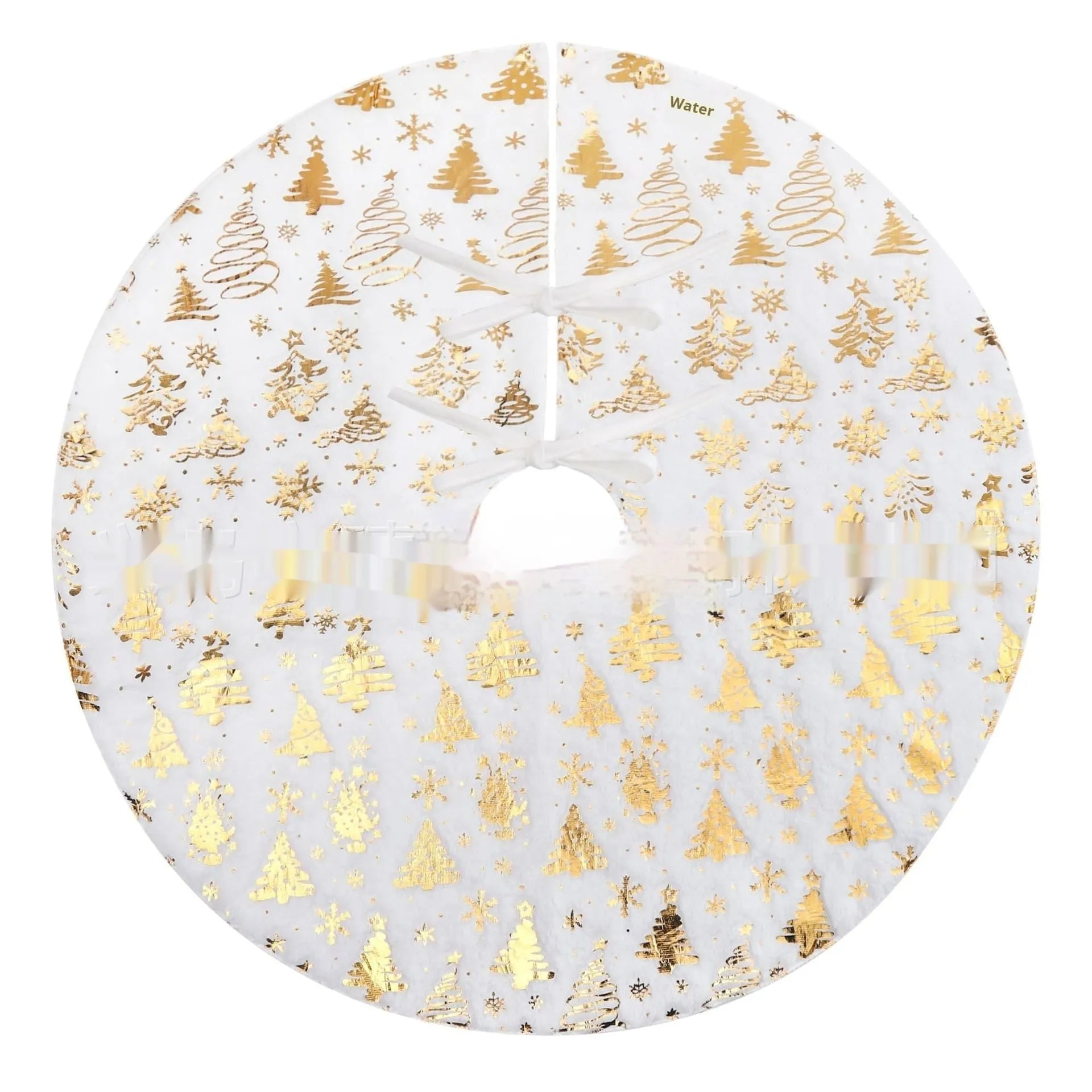 Plush Christmas tree floor mat with gilding snowflake design in one of four sizes.