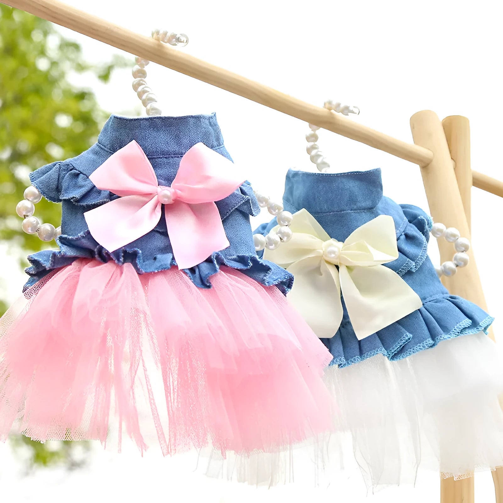 Korean style denim pet skirt with bow decoration for dogs in pink or white