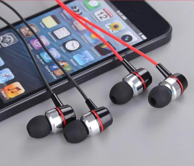 Metal in-ear earphones with silicone earplugs and 1.2m wire in black, gold, red, and white