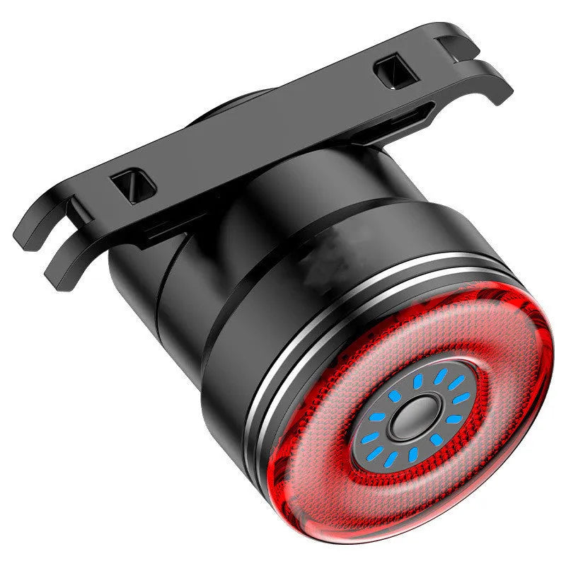 Black USB rechargeable bicycle tail light with brake sensor in aluminium housing