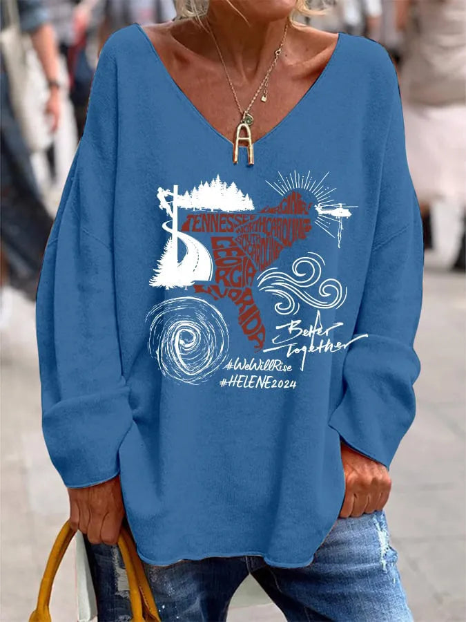 Women's loose fit V-neck long sleeve top in brushed milk silk fabric with digital print design.
