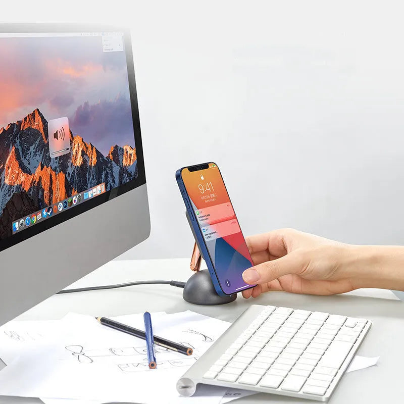 Mini magnetic desktop wireless charging stand in Space Grey with double ring magnet and LED indication