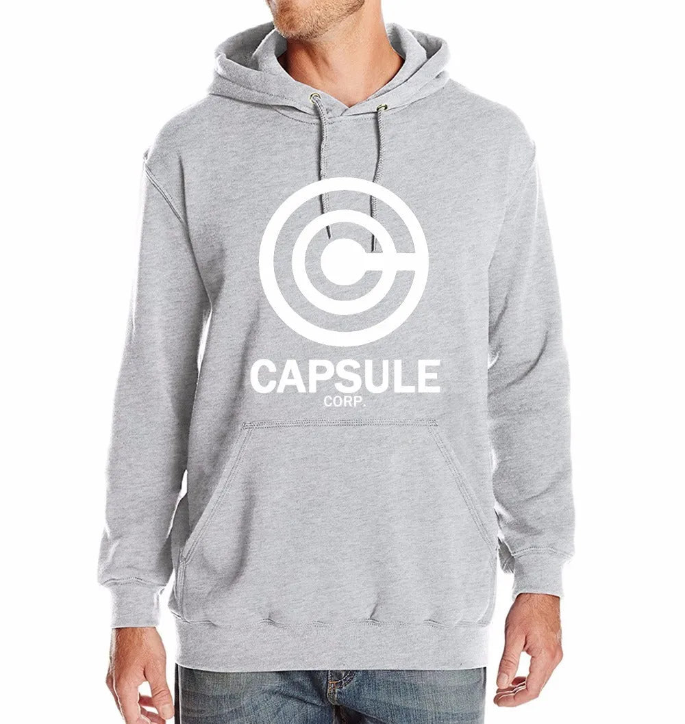 Capsule Corp men's hip hop hoodie with print pattern, turn-down collar, and hood in black white colourway