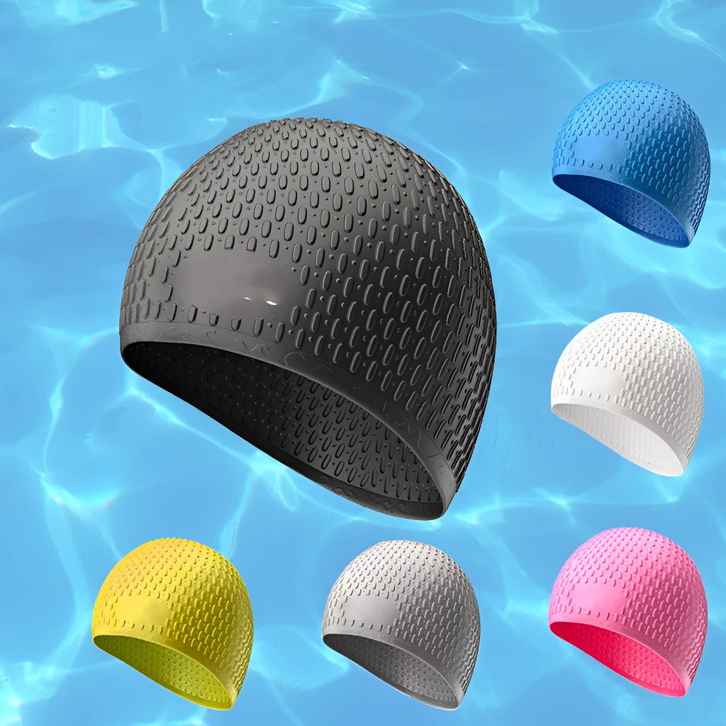 Adult silicone swimming cap with water drop texture in various colour options on a white background.