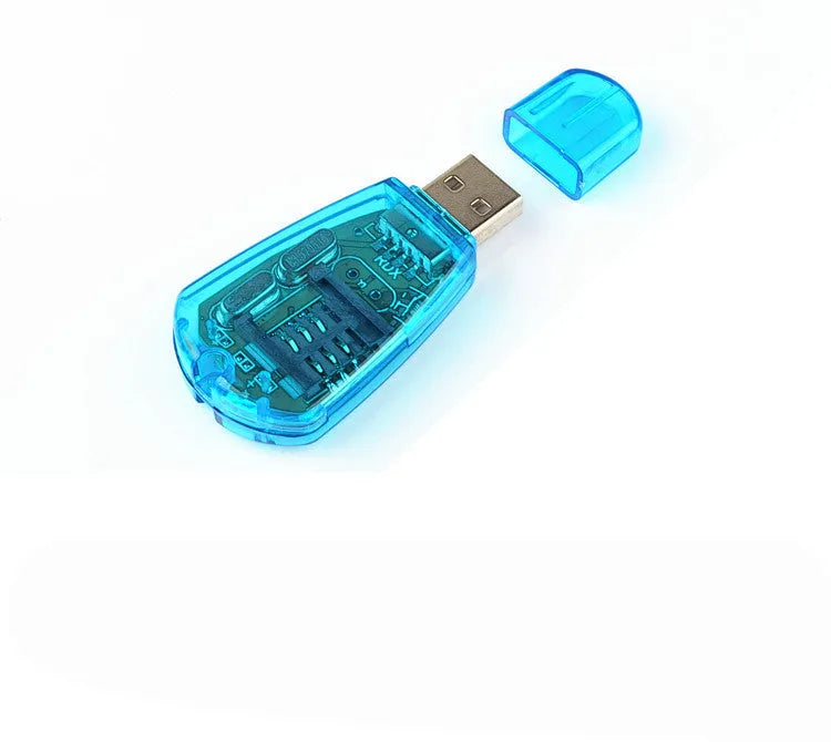 Blue external USB SIM card reader for mobile phone data backup and transfer.
