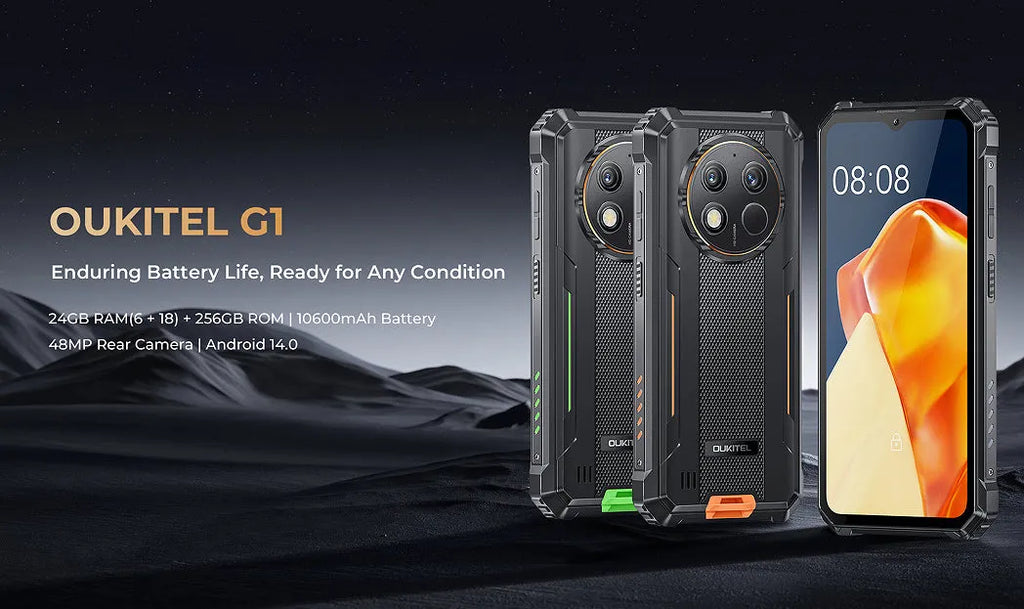 OUKITEL G1 mobile phone in grey, green, or orange colour with included charger.