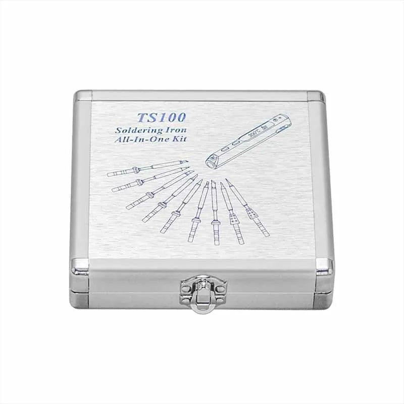 Silver aluminium storage box for soldering iron with dimensions 154mm x 147mm x 36mm.