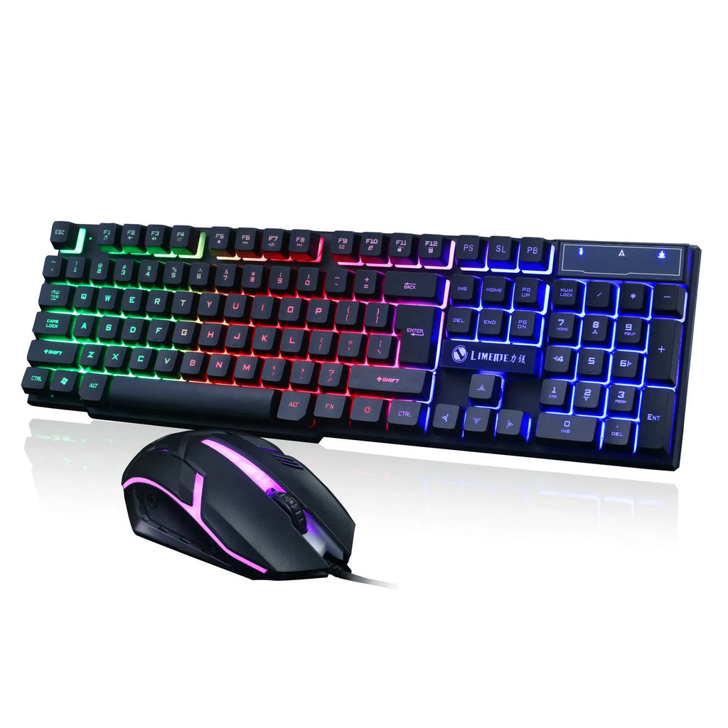 Limei GTX300 white and black gaming keyboard and mouse set with RGB backlight on a desk.