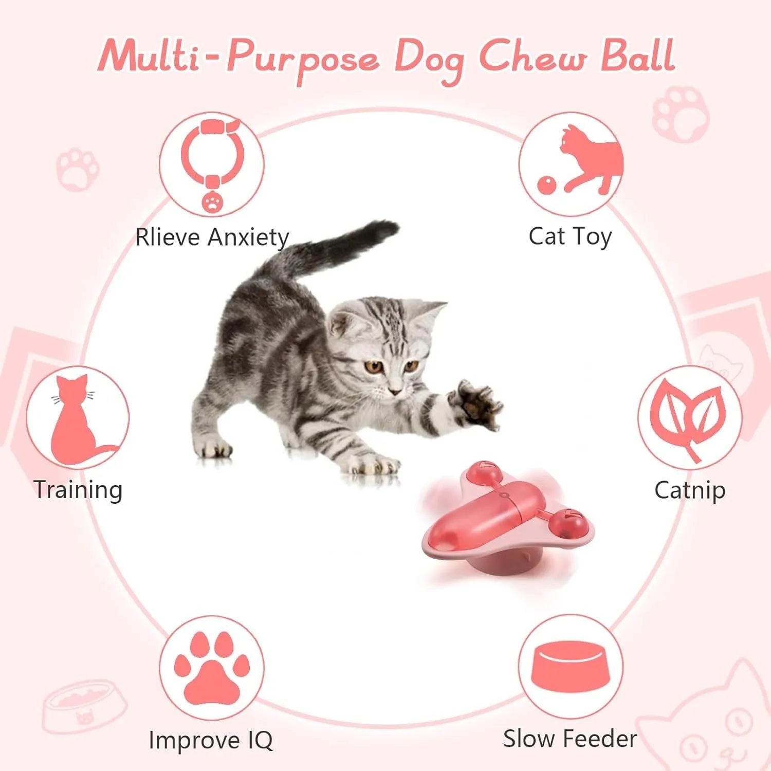 Blue interactive pet puzzle toy with bell, catnip holder, and snack dispenser on a smooth floor.