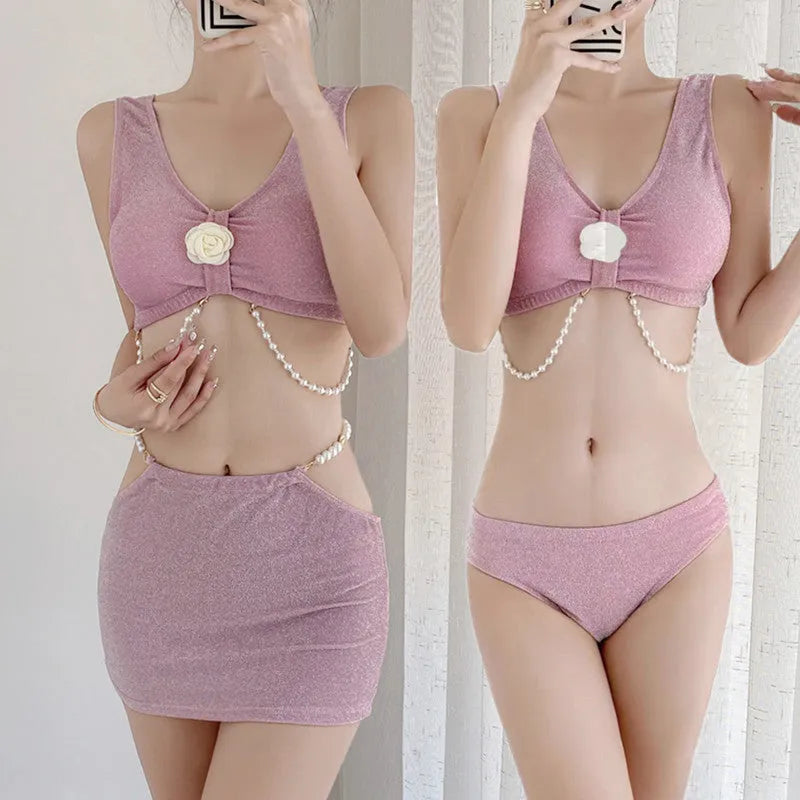 Bear Vacation three-piece bikini swimwear set in pink or black colour with high elasticity polyester fabric