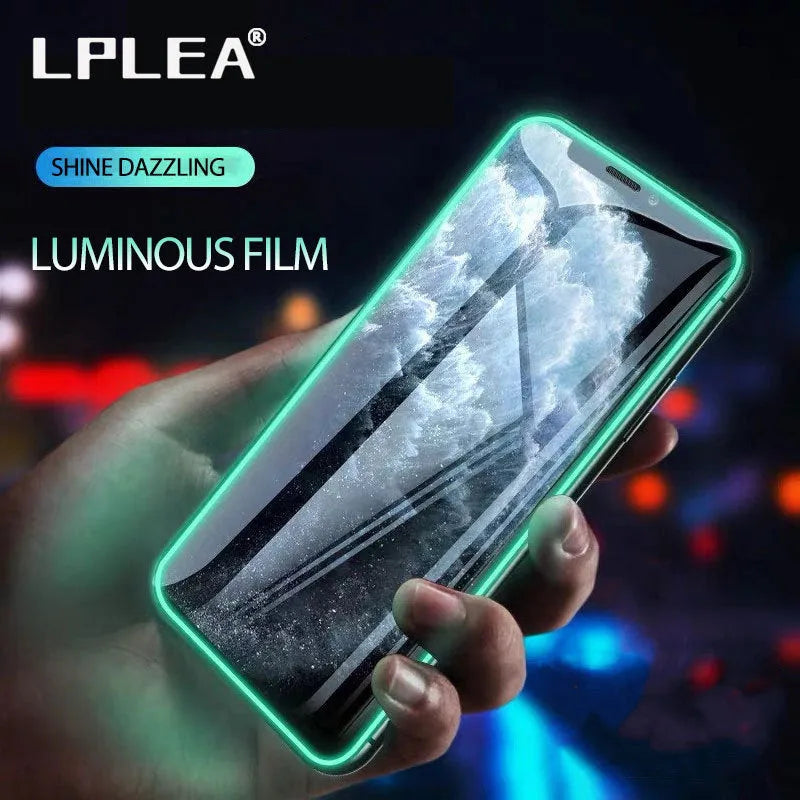 Luminous full cover tempered glass screen protector for iPhone glowing blue in the dark.