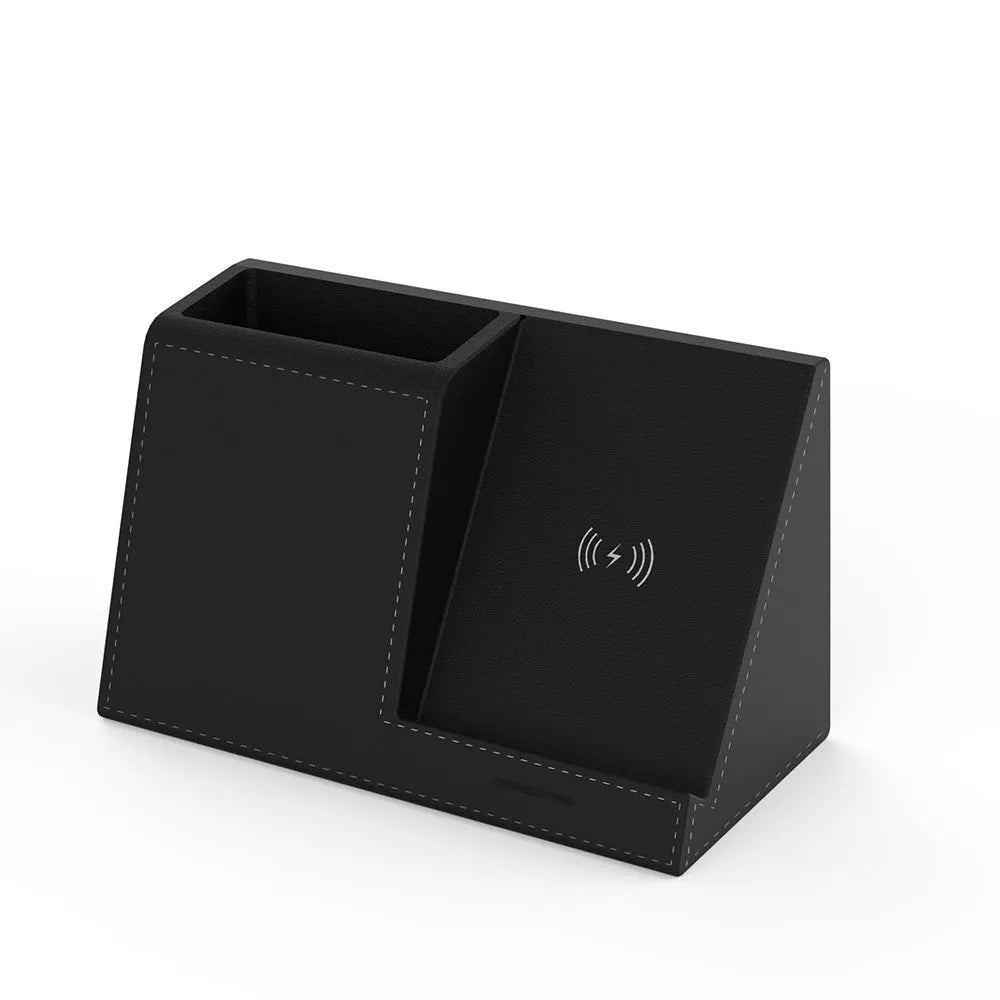 Black leather wireless charging station with pen holder compartment and phone charging surface