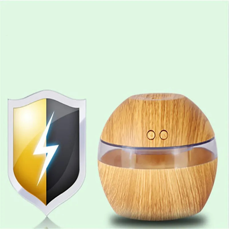 Brown wood grain USB humidifier with 200ml water tank showing adjustable mist control