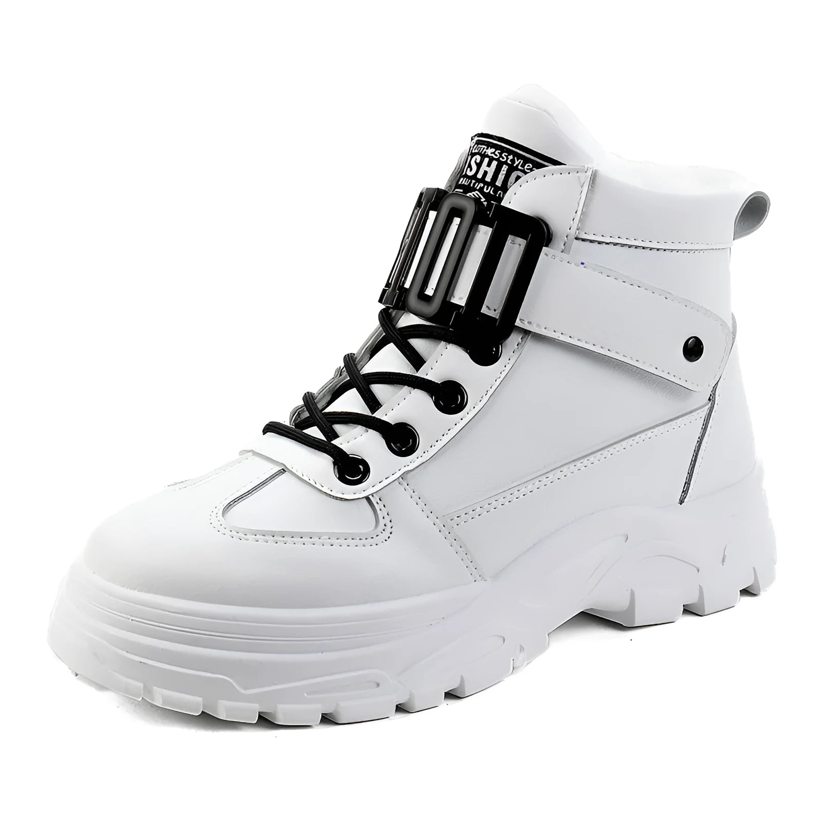 Ladies snow boots in black with artificial PU upper, flat heel, round toe, and front tie laces