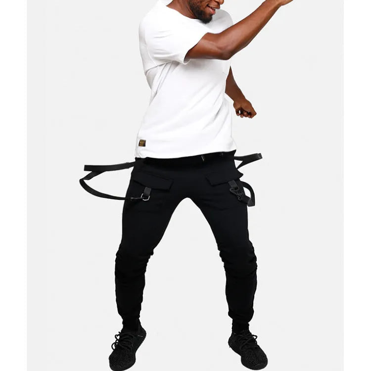 Black fashion fitness men's tapered pencil pants with belt size M to XXL