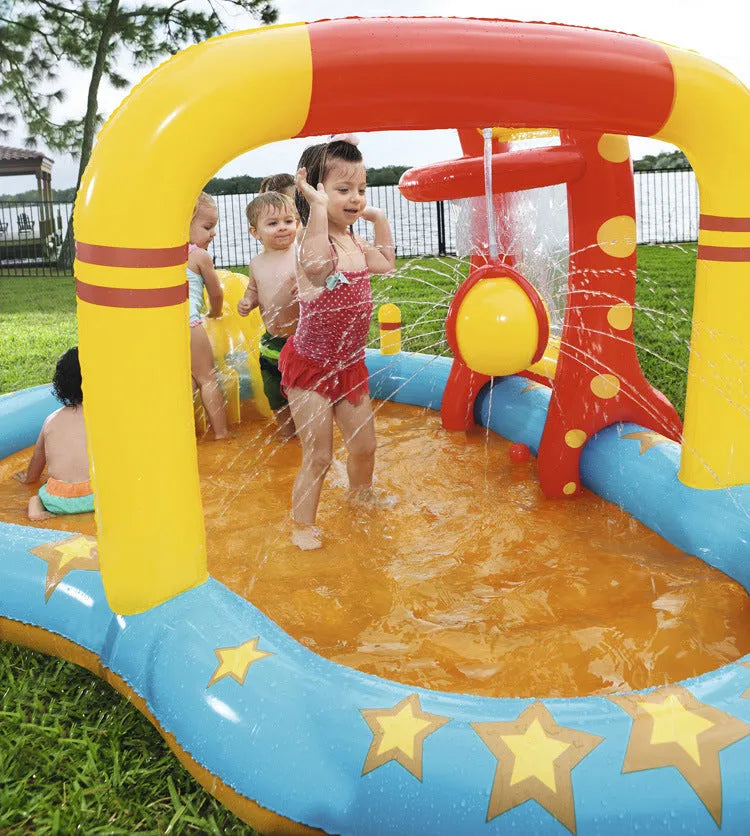 Inflatable PVC children's paddling pool 435x213x117cm in bowling water park design, deflated on grass