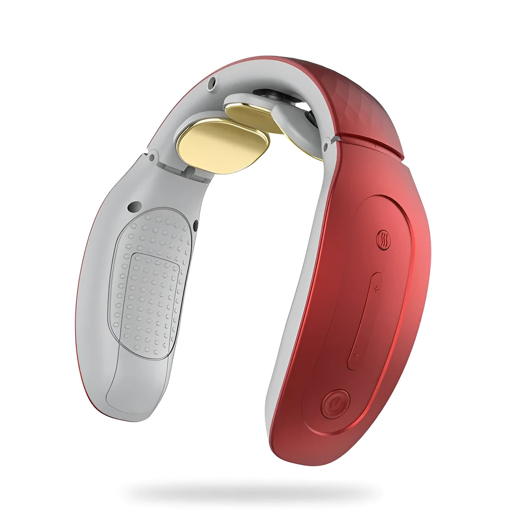 Small red and white intelligent cervical massager with battery, for neck, back, and leg massage.