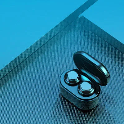 Black in-ear stereo Bluetooth headset showing earplug design for wireless calls and music.