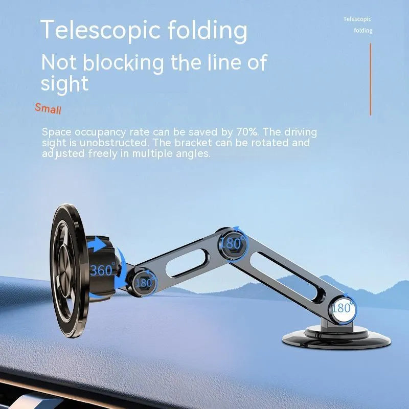 All-metal magnetic car phone holder in black, mounted on a dashboard with a smartphone attached.
