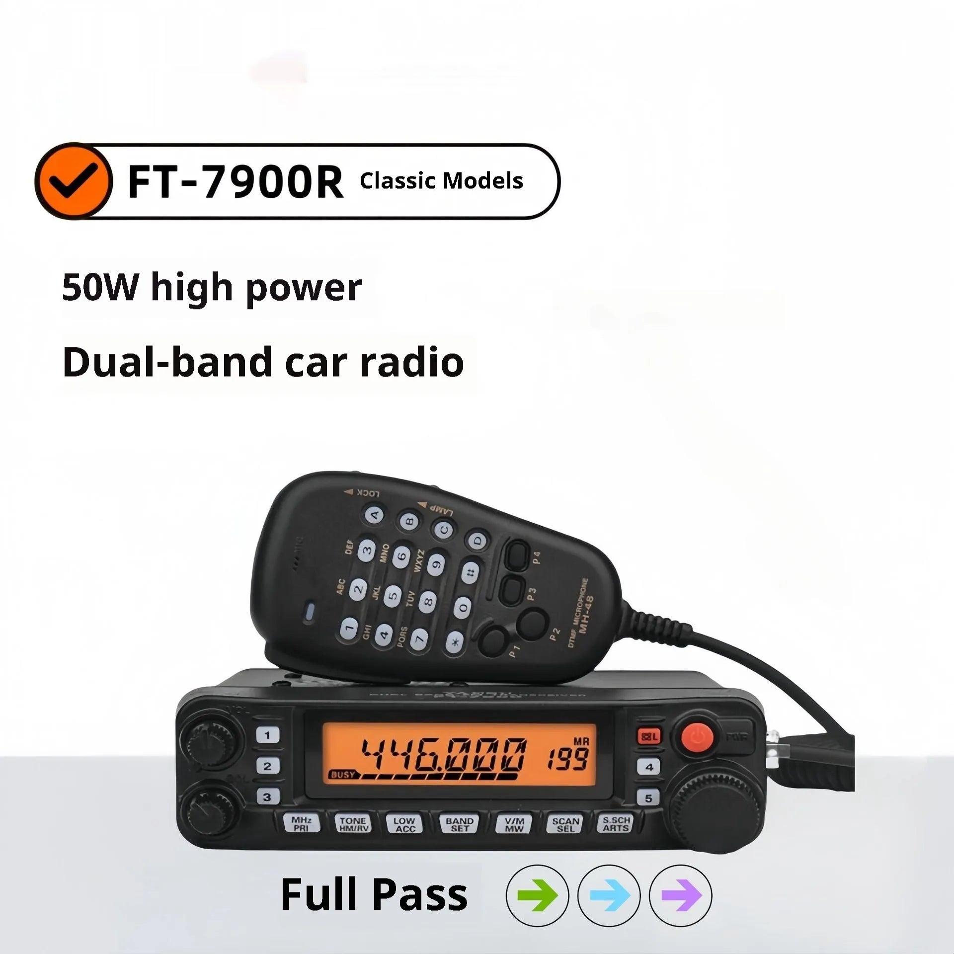Handheld car radio interphone walkie-talkie with antenna for self-driving tours on a car dashboard.