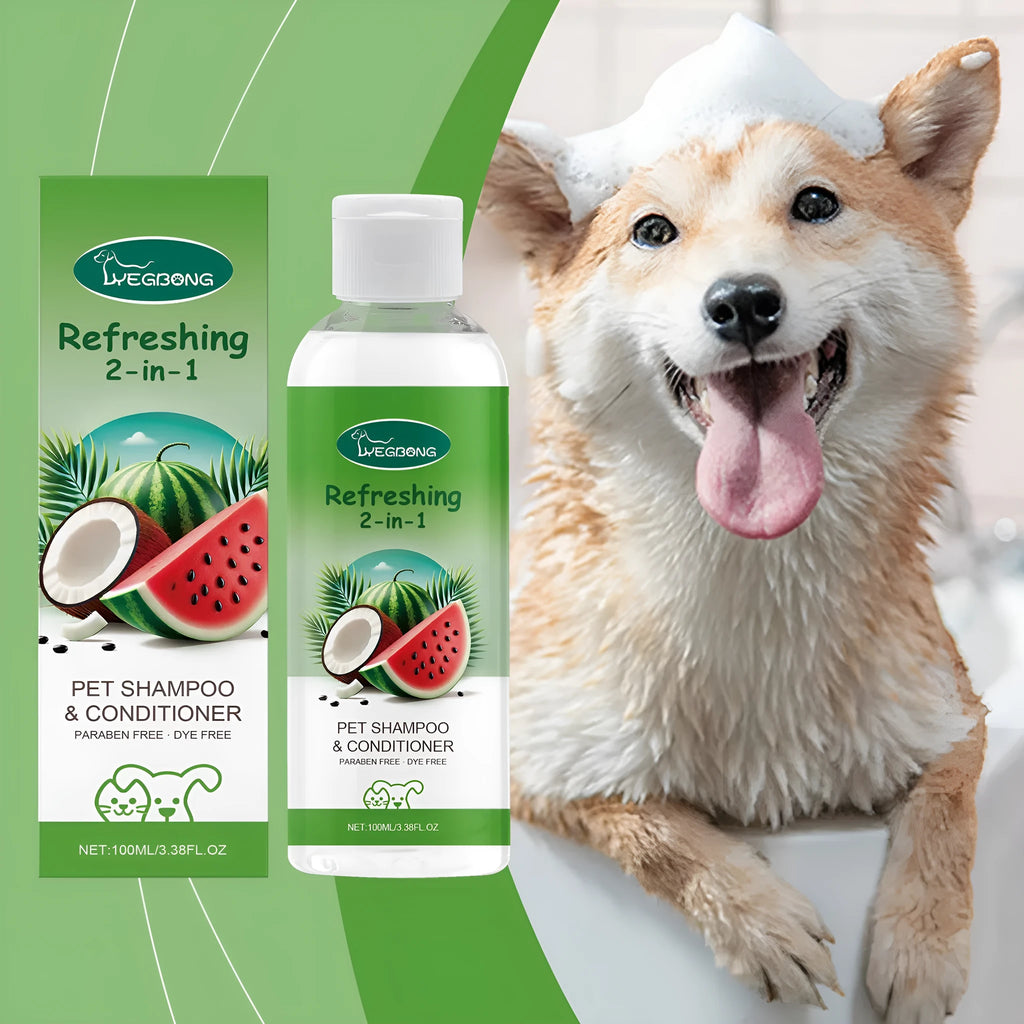 100ml bottle of 2-in-1 pet shampoo and fragrance shower gel with watermelon and coconut scent.