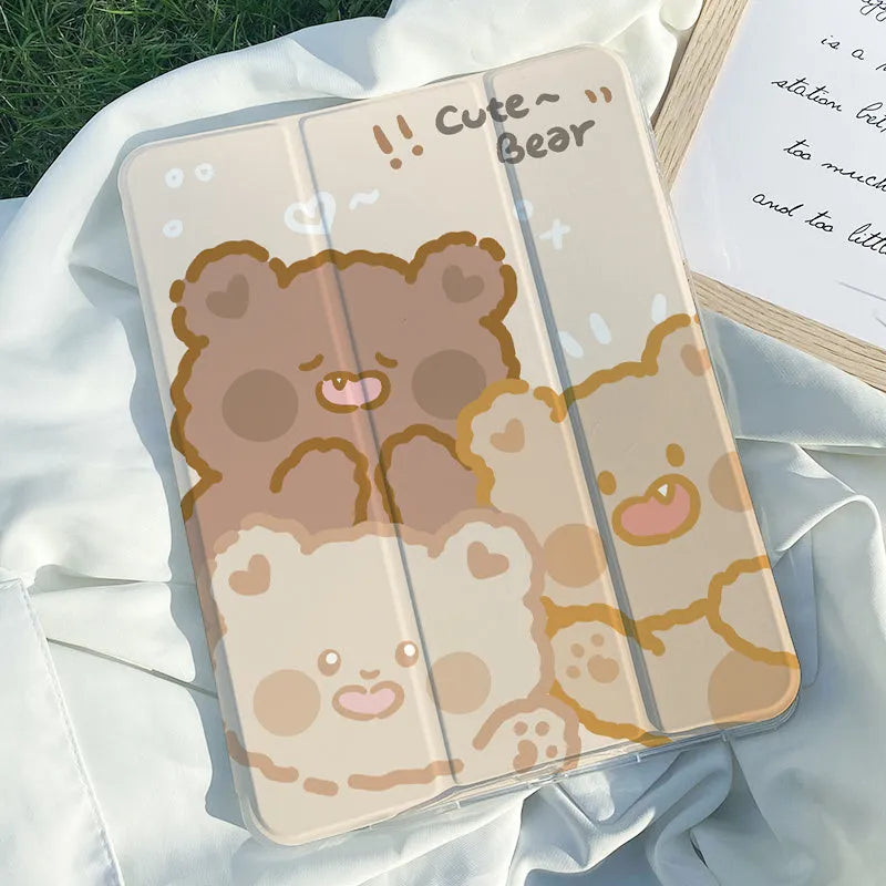Silicone tri-fold iPad protective case with cartoon cat design, shown in stand mode.
