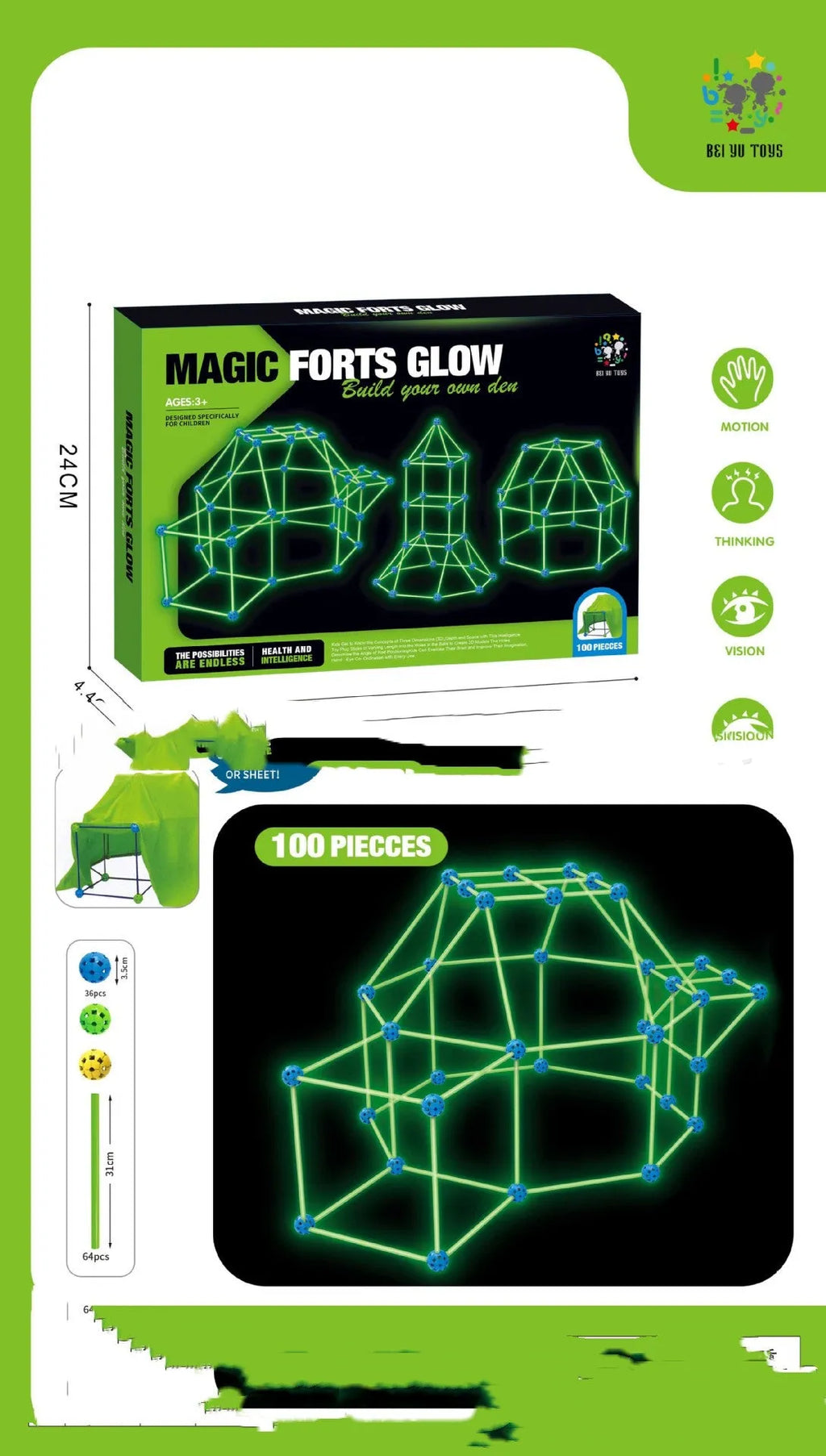 Children's plastic fort building kit with glowing sticks and connector balls assembled into a play tunnel.