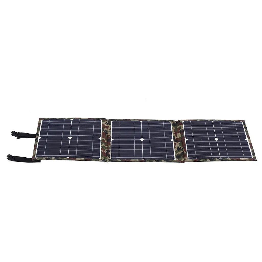 Black foldable portable 36W solar panel unfolded with connected cables and accessories