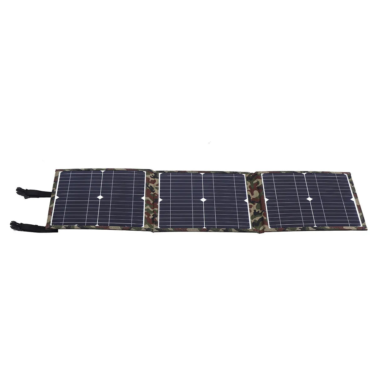Black foldable portable 36W solar panel unfolded with connected cables and accessories