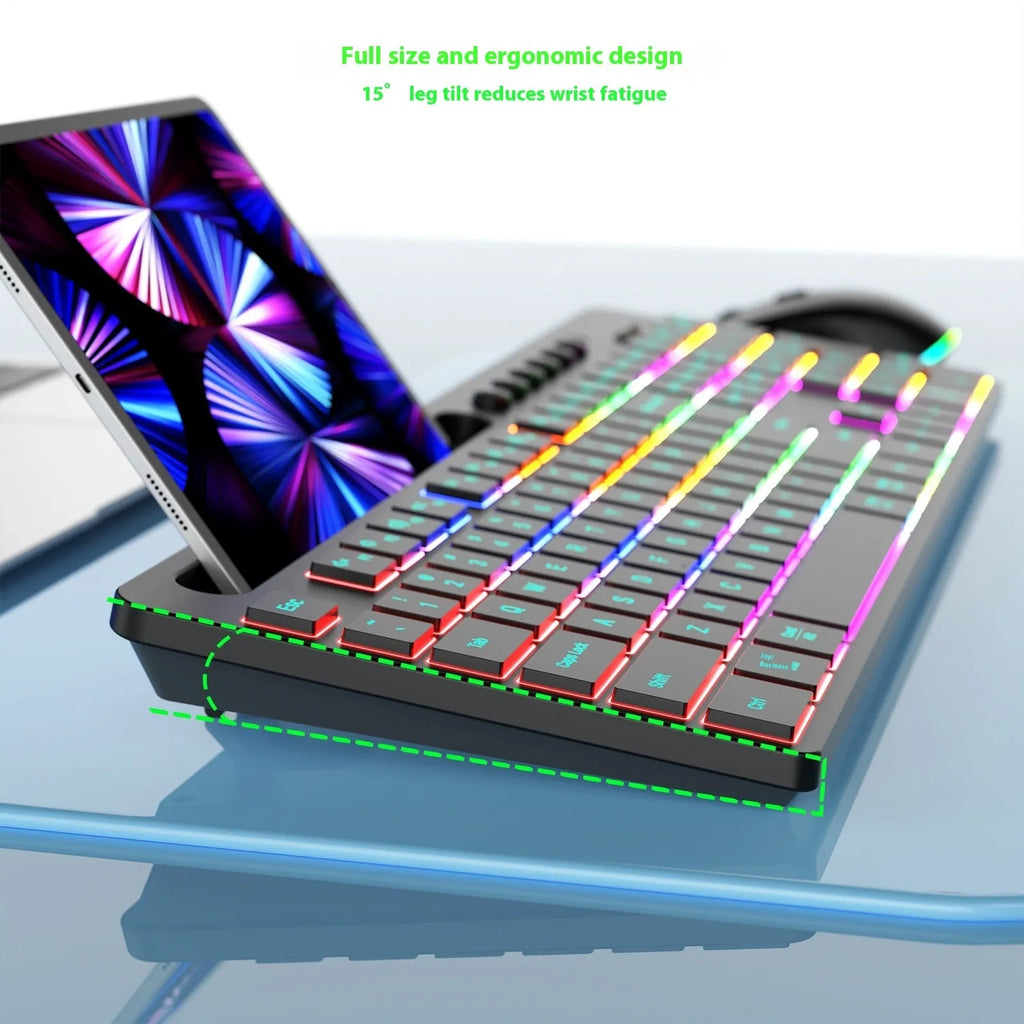 Wireless keyboard and mouse combo set with luminous keys, card slot, and USB receiver on a desk.