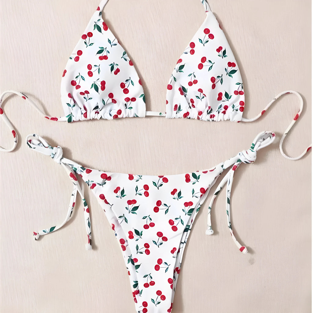 Holiday split halter bikini set in picture colour with backless briefs