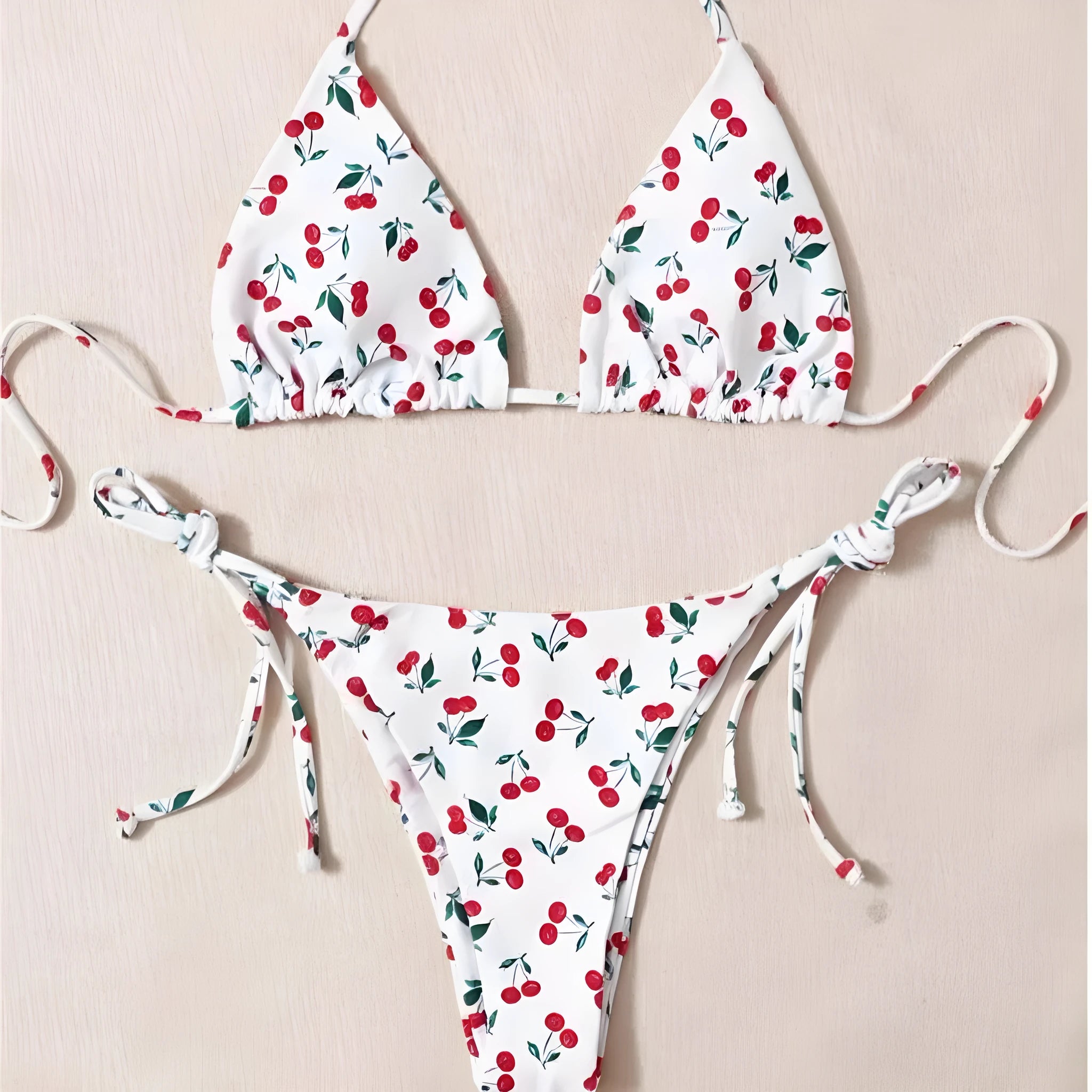 Holiday split halter bikini set in picture colour with backless briefs