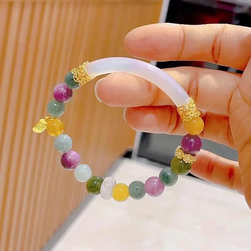 Tourmaline half bracelet in rainbow colours with electroplated finish for women