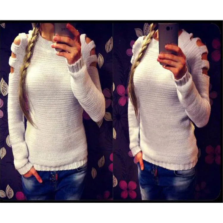 Women's white hollow-out crocheted knitted long sleeve pullover shirt.