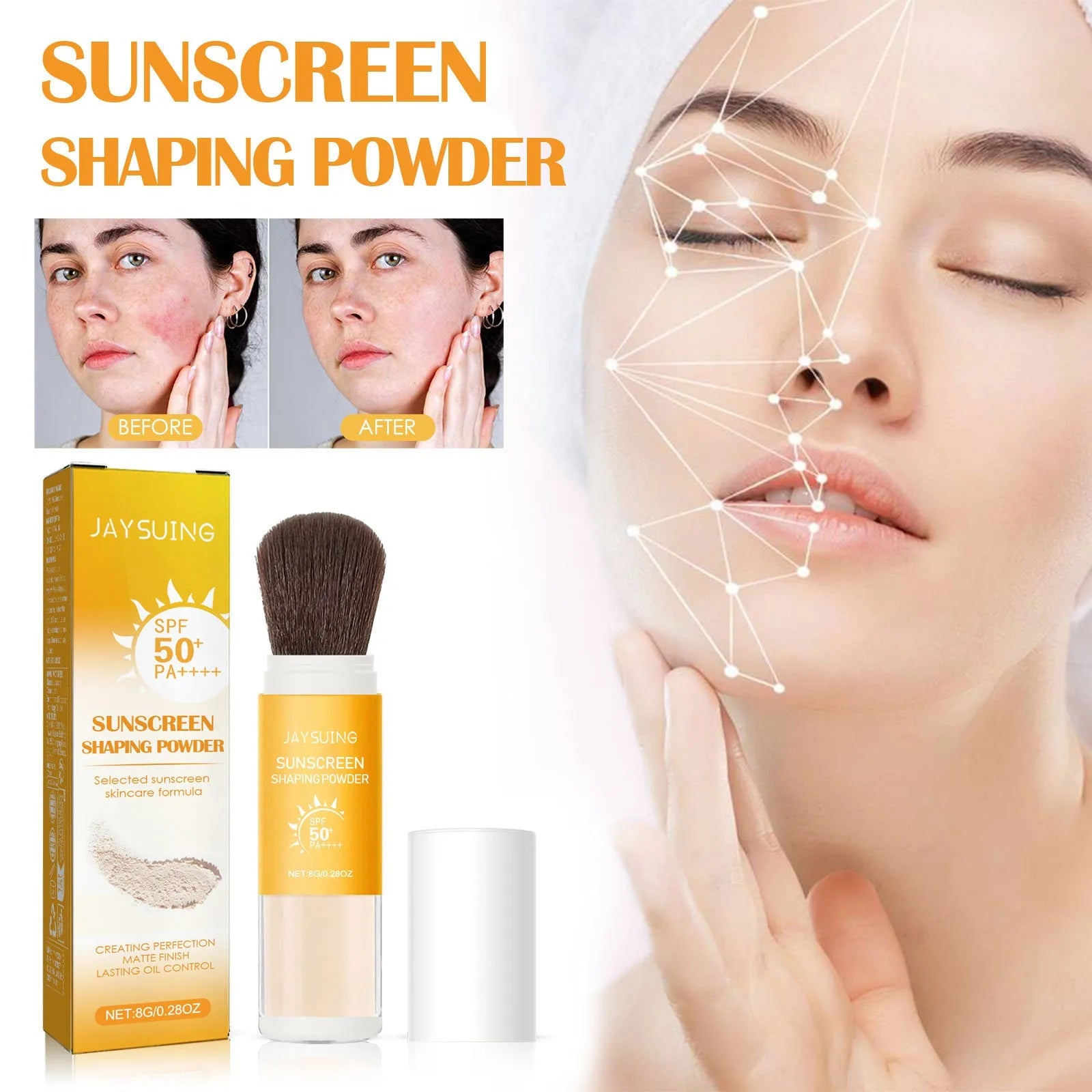 8g container of translucent loose setting powder with silica for oil control.