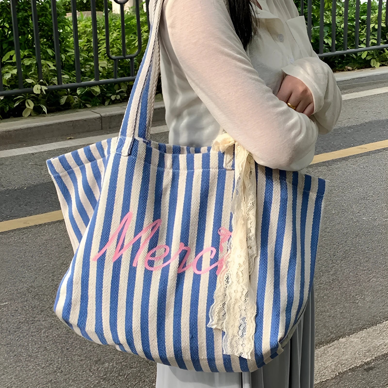 Blue striped letters printed cotton canvas shoulder bag with pink blue white stripes