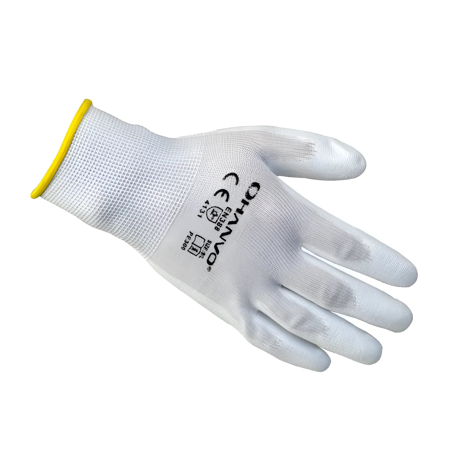 White PU coated labour gloves showing wrist length and flexible construction