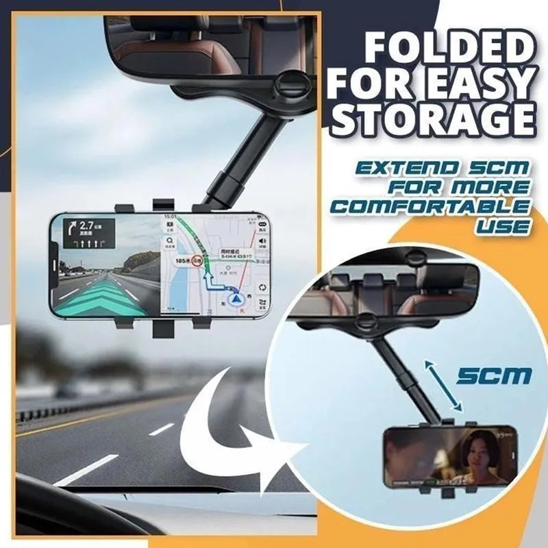 Black rearview mirror car phone holder with rotating head and telescopic arm extended.