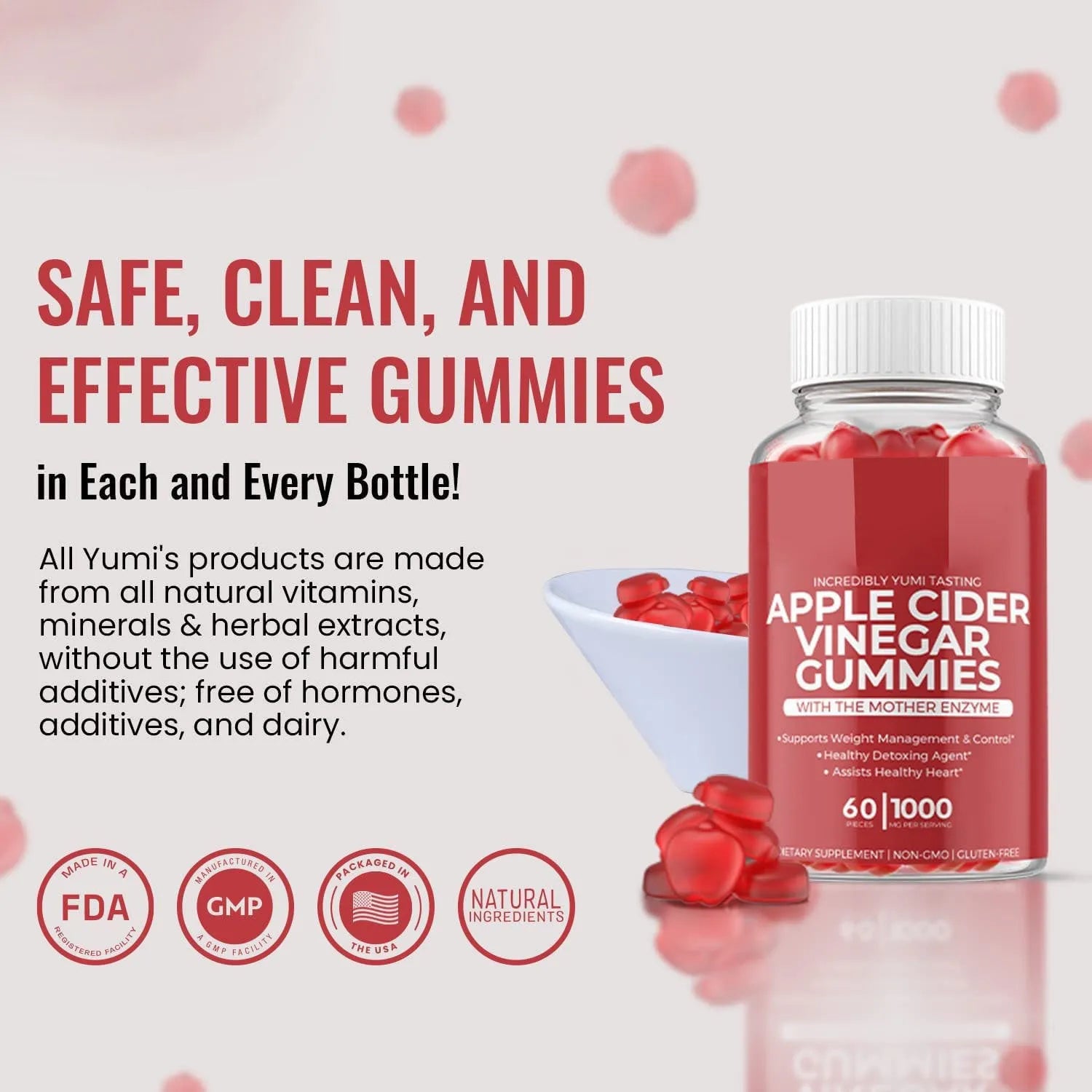 Bottle of apple cider vinegar gummy tablets containing 60 chewable soft candies for adult dietary supplementation