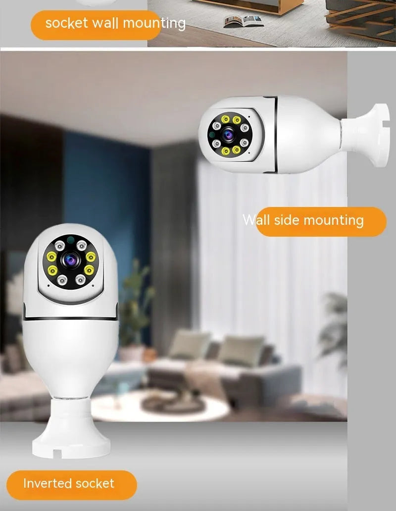 White wireless bulb security camera with a lens, shown next to a scale indicating its 5cm by 12cm dimensions.