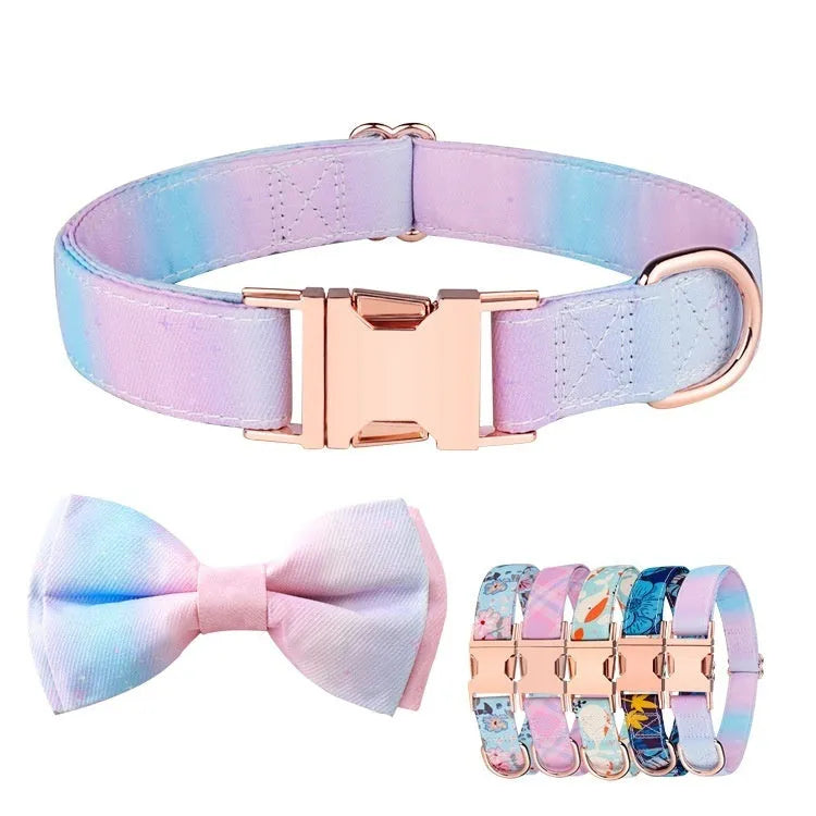Polyester pet collar with rose gold buckle and decorative bow in multiple colour options
