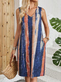 Women's colour-block striped V-neck sleeveless casual dress on a hanger.
