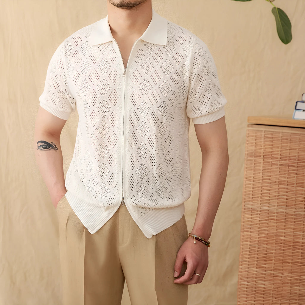 Light brown cotton short-sleeve cardigan with zipper and lapel collar laid flat.